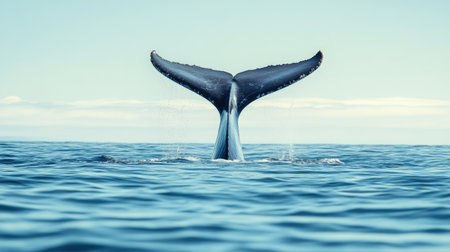 A stunning image of a blue whale's tail fin rising above the water before a deep dive.の素材