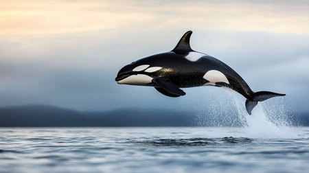 A stunning image of an orca whale leaping high above the ocean surface, its sleek black and white body glistening.の素材