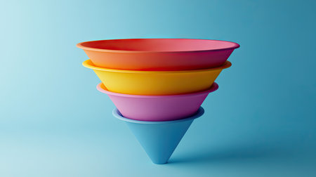 3D funnel chart with segmented sections, representing stages of a process.の素材