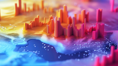 3D heat map with elevated regions, showing customer satisfaction levels across different services.の素材