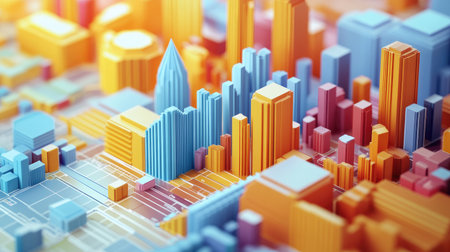 3D area chart with overlapping layers, showing the growth of different business sectors over time.の素材