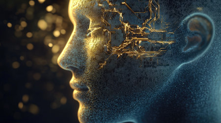 3D illustration of a human face intertwined with AI circuitry. Representation of digital transformation and the future of artificial intelligence in humanity.の素材