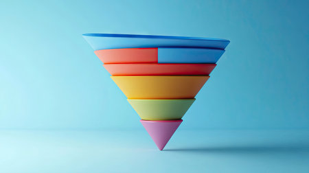 3D funnel chart with segmented sections, representing the stages of the sales process.の素材