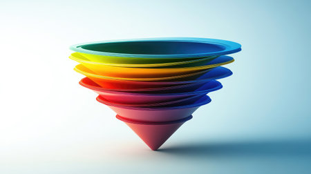 3D funnel chart with segmented sections, representing stages of a process.の素材