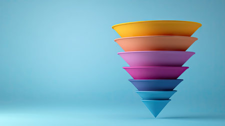 3D funnel chart with segmented sections, representing the stages of the sales process.の素材