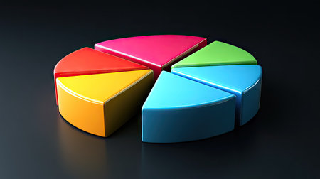 3D pie chart with different segments in vibrant colors, highlighting data distribution.の素材