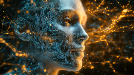 3D illustration of a human face intertwined with AI circuitry. Representation of digital transformation and the future of artificial intelligence in humanity.の素材
