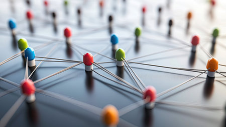 3D network graph with interconnected nodes, representing business partnerships and collaborations.の素材