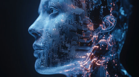 3D illustration of a human face intertwined with AI circuitry. Representation of digital transformation and the future of artificial intelligence in humanity.の素材