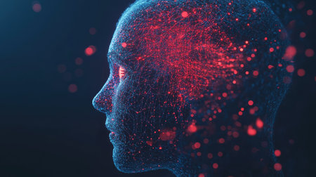 3D render of AI artificial intelligence embedded within a human head. Visual representation of digital transformation and the merging of technology and human identity.の素材