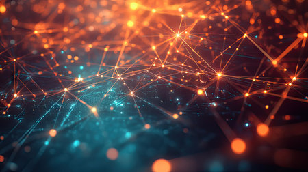 A 3D abstract mesh of interconnected points and lines with a glowing effect.の素材