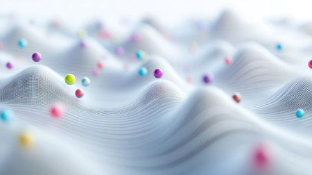 3D scatter plot with colored spheres, showing data points in three-dimensional space.の素材