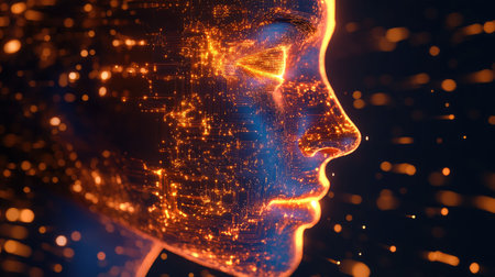 3D render of a human face with glowing AI circuitry, representing the fusion of artificial intelligence and human consciousness in digital transformation.の素材