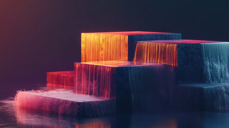 3D waterfall chart with cascading blocks, highlighting cumulative data changes.の素材