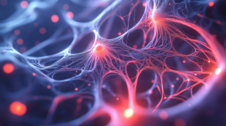 A 3D abstract background with tangled lines and nodes, glowing softly.の素材