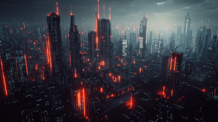 3d render of Cyber punk night city landscape concept. Light glowing on dark scene. Night life. Technology network for 5g. Beyond generation and futuristic of Sci-Fi Capital city and building scene.の素材