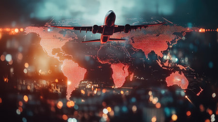 Abstract design Airplane taking off Double exposure world map . Elements of this image furnished by NASAの素材