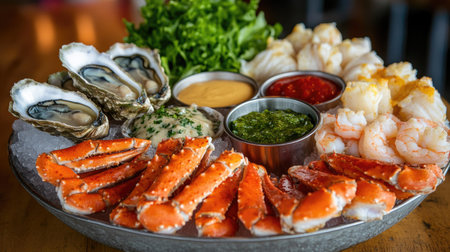 A gourmet seafood platter with crab legs, shrimp, oysters, and dipping sauces.の素材