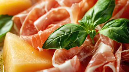 A detailed shot of a slice of prosciutto and melon with fresh basil leaves.の素材