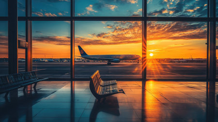 Airport, Airplane near the terminal in an airport at the sunsetの素材