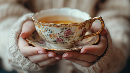 A woman's fingers holding a vintage teacup with intricate details.の素材