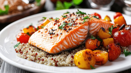 A gourmet salmon fillet served with quinoa and roasted vegetables on a white plate.の素材