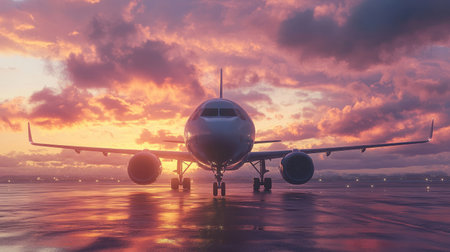 Airplane is taxiing to take off at the sunrise. 3d render and illustration. sunrise, airplane,の素材