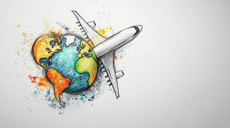 Airplane with colorful globe sketch on grey background. Travel and tourism conceptの素材