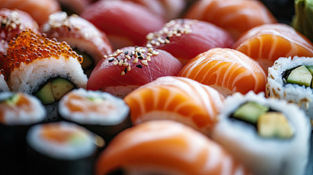 A detailed shot of fresh sushi rolls with tuna, salmon, and avocado.の素材