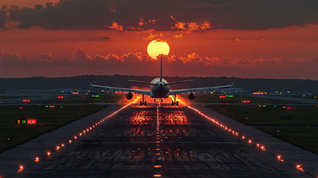 Airplane landing on airport runways during sunset --の素材