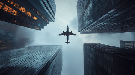 Airplane hovering highly in the sky over skyscrapersの素材