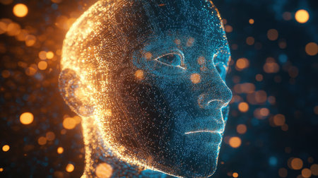 AI circuitry intertwined with a human face in a 3D digital transformation concept. Visual representation of artificial intelligence becoming part of human life.の素材