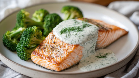 A plate of pan-seared salmon with a creamy dill sauce and a side of steamed broccoli.の素材