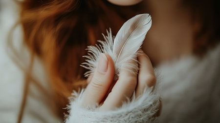 A woman's fingers gently touching a soft feather.の素材