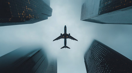 Airplane hovering highly in the sky over skyscrapersの素材