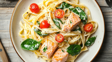 A plate of salmon pasta with creamy sauce, spinach, and cherry tomatoes.の素材