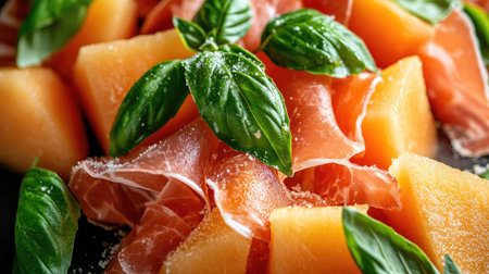 A detailed shot of a slice of prosciutto and melon with fresh basil leaves.の素材