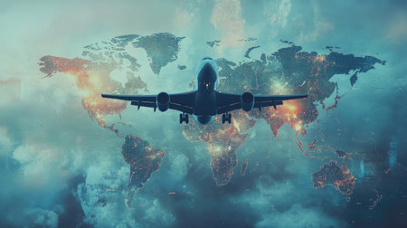 Abstract design Airplane taking off Double exposure world map . Elements of this image furnished by NASAの素材