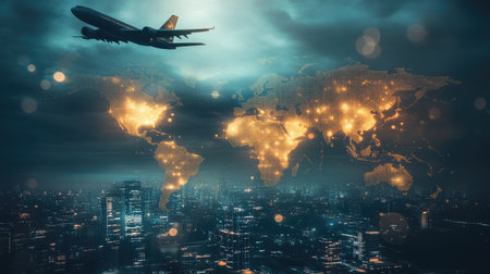 Abstract design Airplane taking off Double exposure world map . Elements of this image furnished by NASAの素材