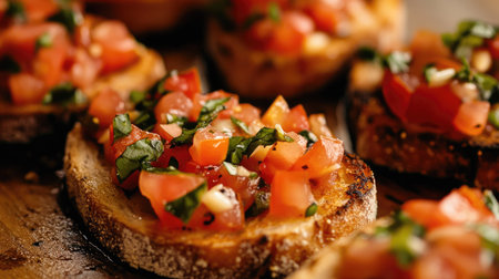 A detailed shot of bruschetta topped with diced tomatoes, garlic, and basil.の素材
