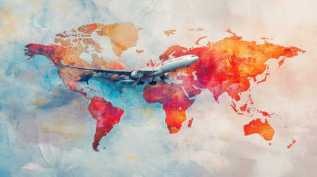 Abstract design Airplane taking off Double exposure world map . Elements of this image furnished by NASAの素材