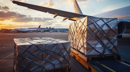 Air cargo logistic containers are loading to an airplane. Air transport shipment prepare for loading to modern freighter jet aircraft at the airport.の素材