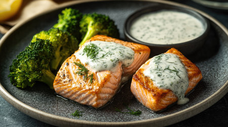 A plate of pan-seared salmon with a creamy dill sauce and a side of steamed broccoli.の素材