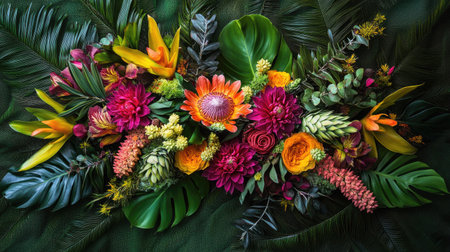 An artistic top view of a floral arrangement with exotic flowers and greenery.の素材