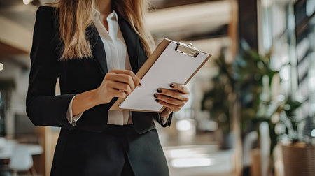 Businesswoman holding a clipboard, reviewing documents in an office.の素材