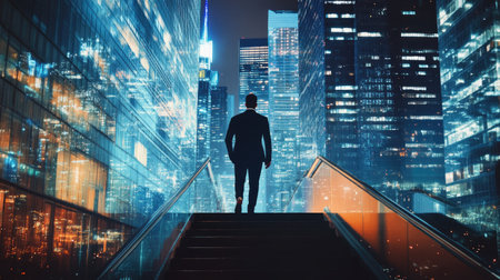 Businessman climbed the stairs, double exposure with New York office buildings at night. Concept of business achievement, goal and leadershipの素材