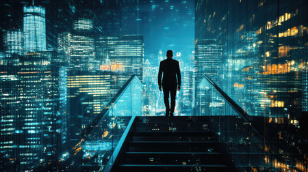 Businessman climbed the stairs, double exposure with New York office buildings at night. Concept of business achievement, goal and leadershipの素材