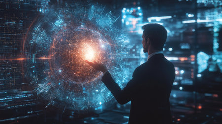 Businessman presenting futuristic business world metaverse graphic. In the form of innovation in digital business processing technology, innovation of the 21st century -の素材
