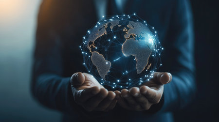 Businessman holding global network connection on social networking and customer data analytics, Business strategy and smart intelligence, digital marketing, Technology and global business.の素材