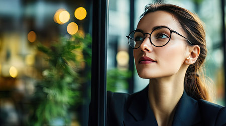 Businesswoman taking a break, looking out the window with a thoughtful expression.の素材